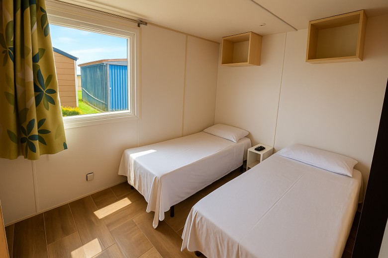 Comedor con cocina equipada en Bungalow Triple del Camping Mola Surf Loredo