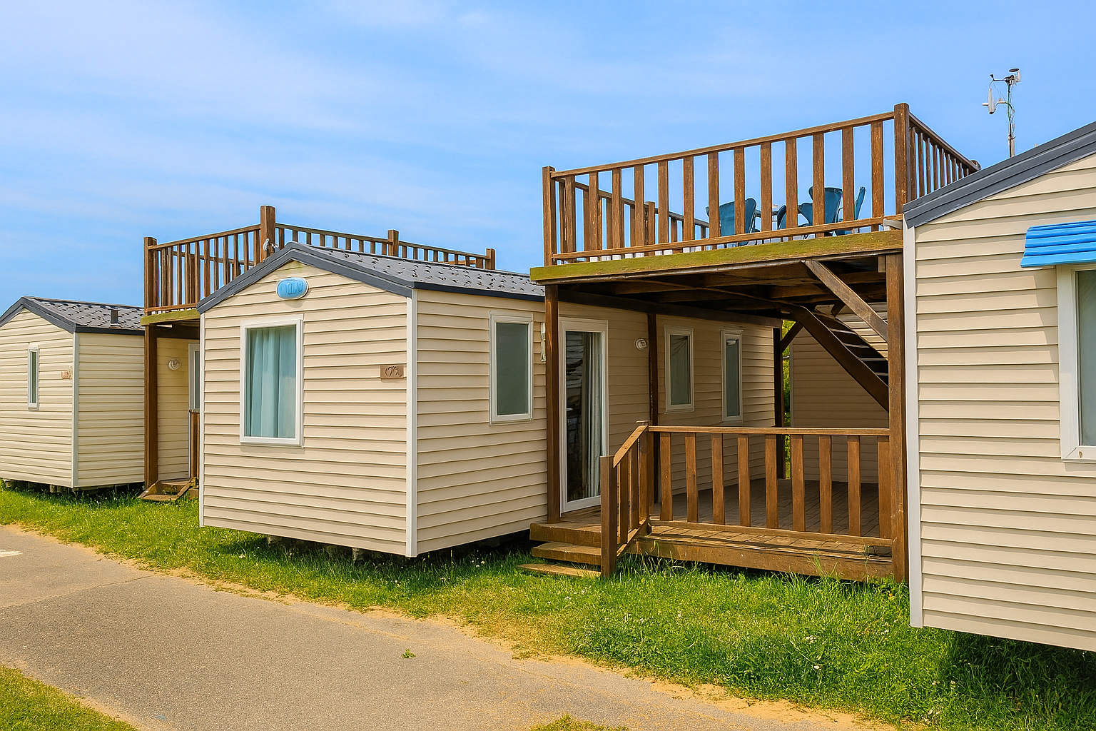 Terraza exterior con vistas en bungalow doble del Camping Mola Surf Loredo